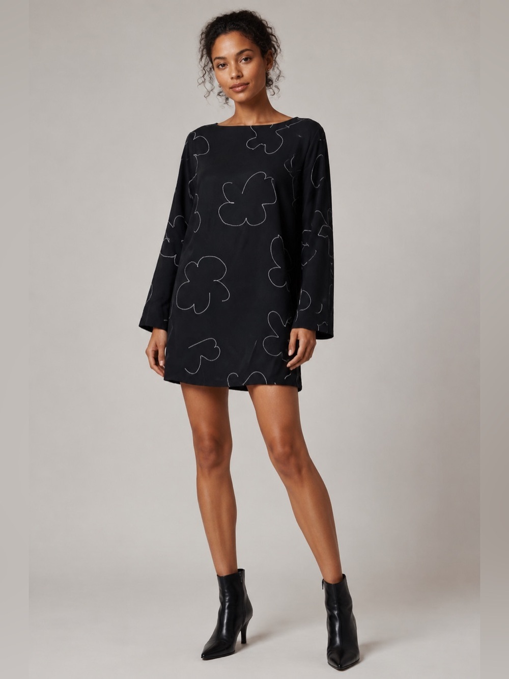 Madewell Mini Dress Women Small Floral Black Satin Cupro Silky Long Sleeve B17